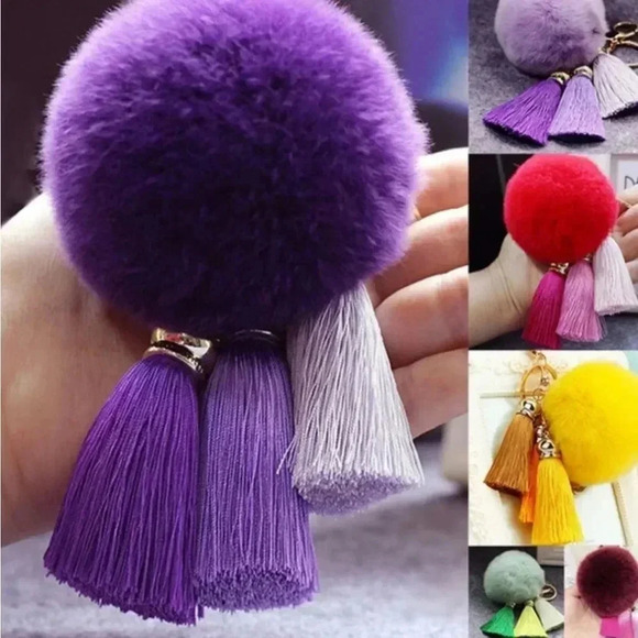 Multiple Colors Available - Fuzzy Fur Pom Pom Keychain Key with Tassels - Picture 2 of 15
